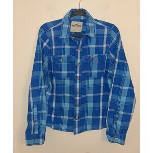 Hollister Mens Classic Front Pocket Flannel Blue Teal Plaid Size Medium